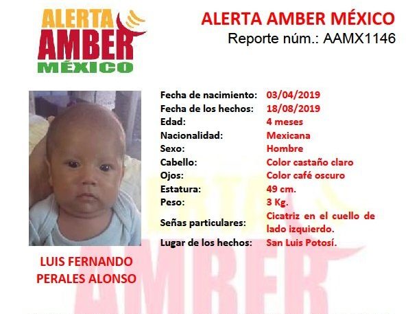 Activan Alerta Amber para localizar un bebé, en Huehuetlán, SLP