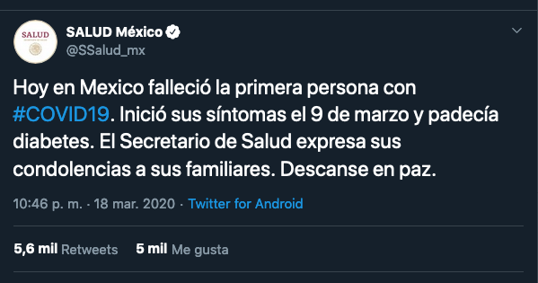 Confirma SS primer fallecimiento por coronavirus en México