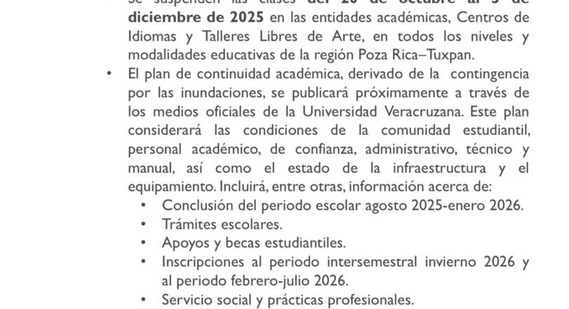 Universidad Veracruzana suspende clases en la región Poza Rica-Tuxpan por daños tras las inundaciones